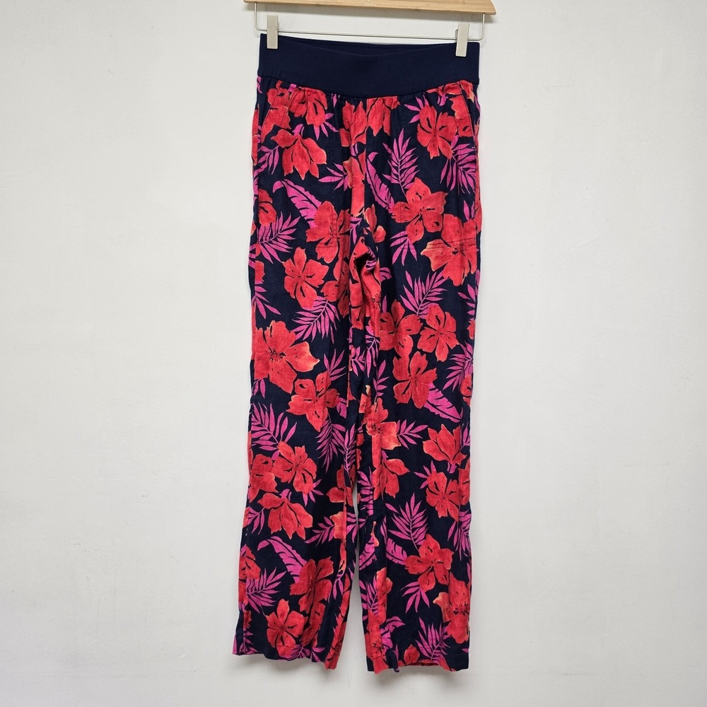 Lands End Pants Womens Size 6 Tropical Floral Linen PullOn Pockets Stretch Waist